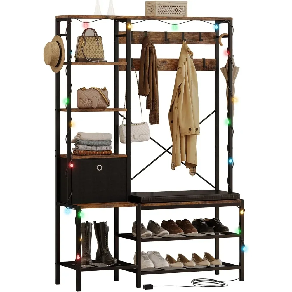 

47” Wide Entryway Coat Rack with Atmosphere Light, Reversible 5-Tier Shelves, Adjustable Side Hooks and Soft Cushion, Brown