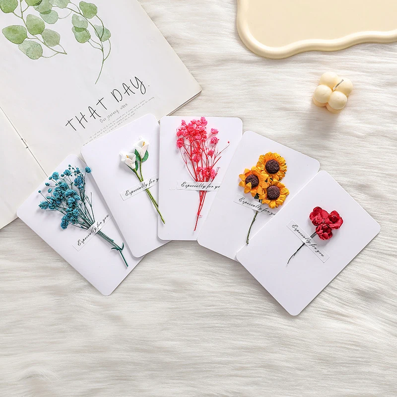 5Pcs Creative Retro Dried Flower Message Card Graduation Blessing Thank You Card Thanksgiving Festival DIY Greeting Card