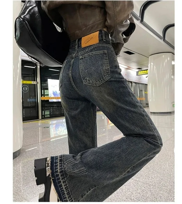 

Новый стиль, прямые брюки с высокой талией, свободный крой, женские джинсы, широкие брюки, эластичные джинсовые брюки для девочек