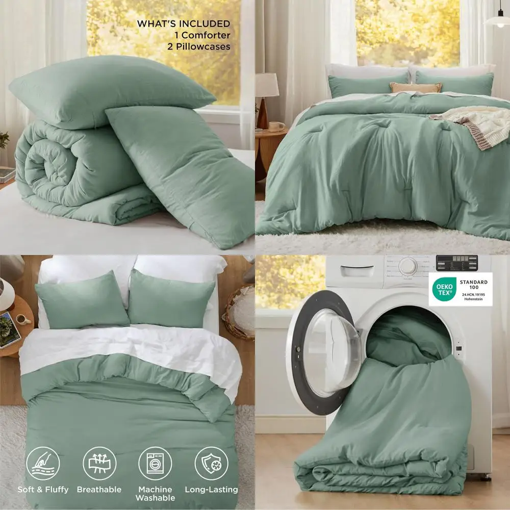 

Комплект предварительно стираного одеяла Sage Green: мягкое постельное белье из трех предметов, альтернативное теплое пуховое покрытие и наволочки.