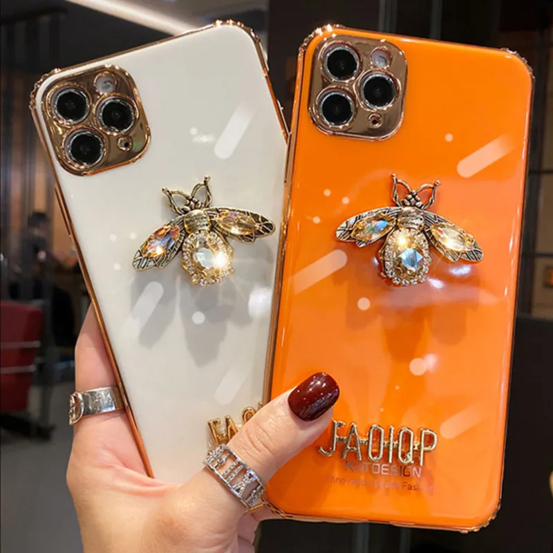 Luxury Glitter Rhinestone Bee Phone Case For iPhone 11 12 13 14 15 Pro Max X XS XR 7 8 Plus SE 2022 Plating Silicone Bling Cover