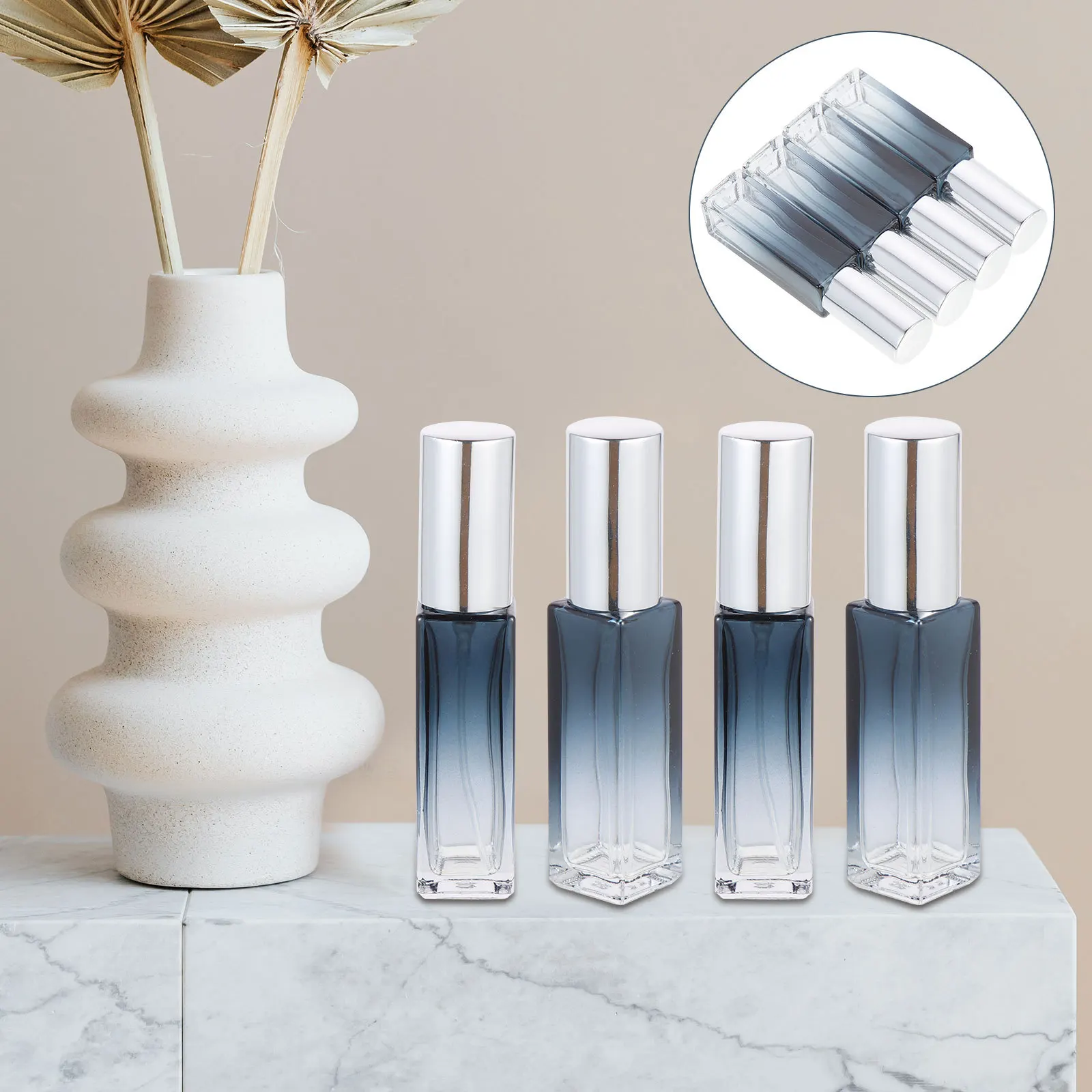 

Набор из 4 стеклянных флаконов-спреев для духов, многоразовые, маленькие дорожные флаконы для косметики, хранения образцов ароматов, компактные, герметичные