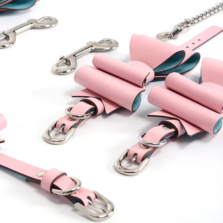 10 PCS Pink Prettybows Soft Lamb Leather Wrist Ankle Cuffs And Collar Leash Set