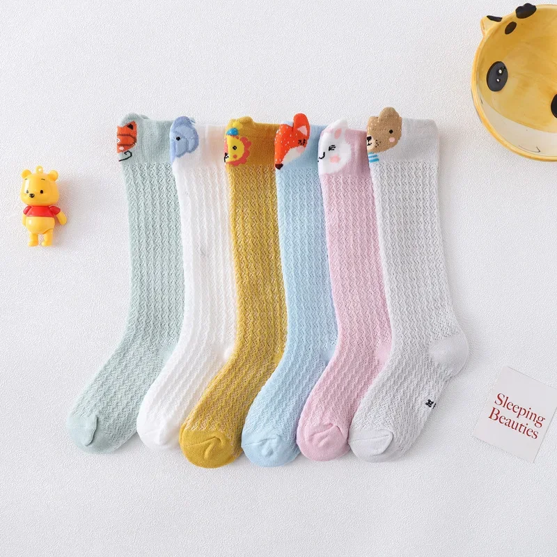 Baby Knee High Socks Kids Girls Boys Cartoon Long Sock Soft Cotton Mesh Breathable Children Hollow Out Socken for 0-3 Years Old