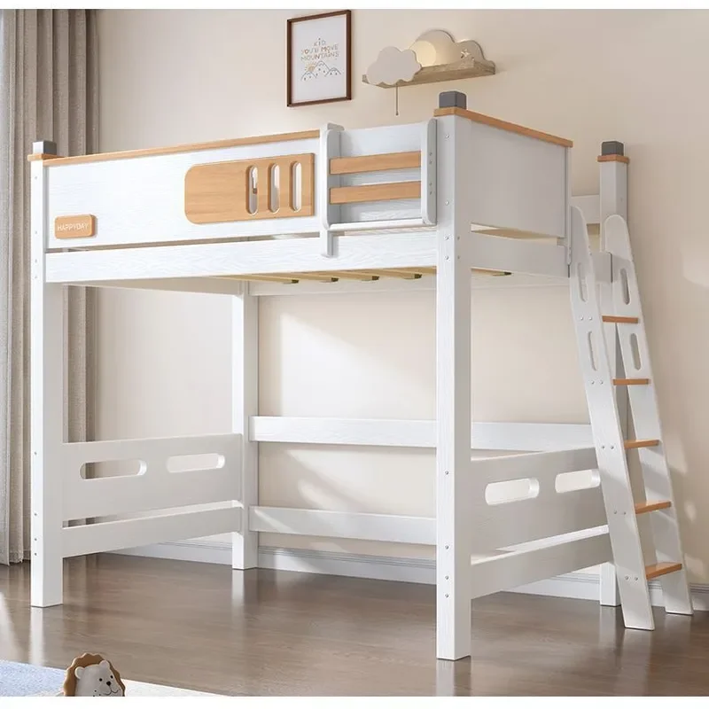 Full Solid Wood Childrens Bunk Bed with Desk Underneath Staggered Loft Bed Space Saving Elevated Upper Bunk for Small