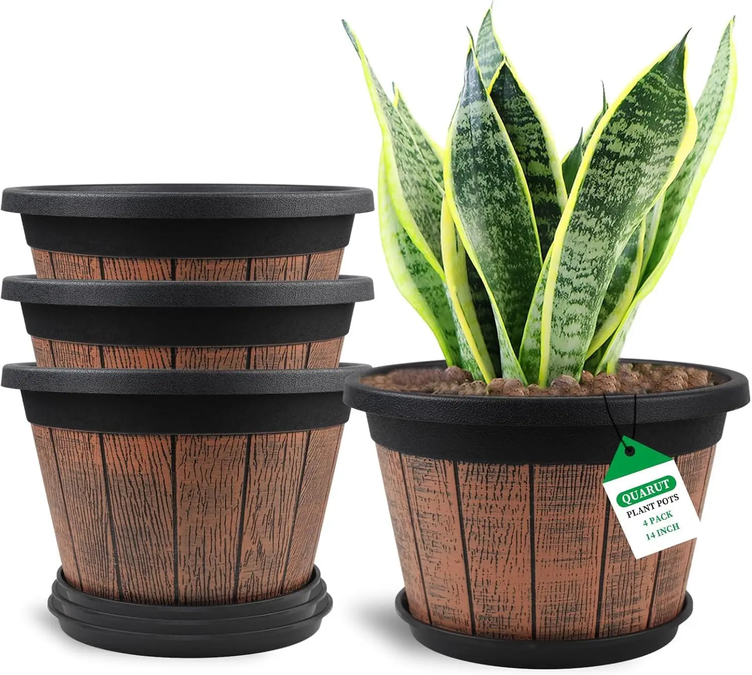 

4 Pack 14 inch Large Plant Pots with Saucers, Whiskey Barrel Design, Plastic, Indoor Outdoor Use, Brown