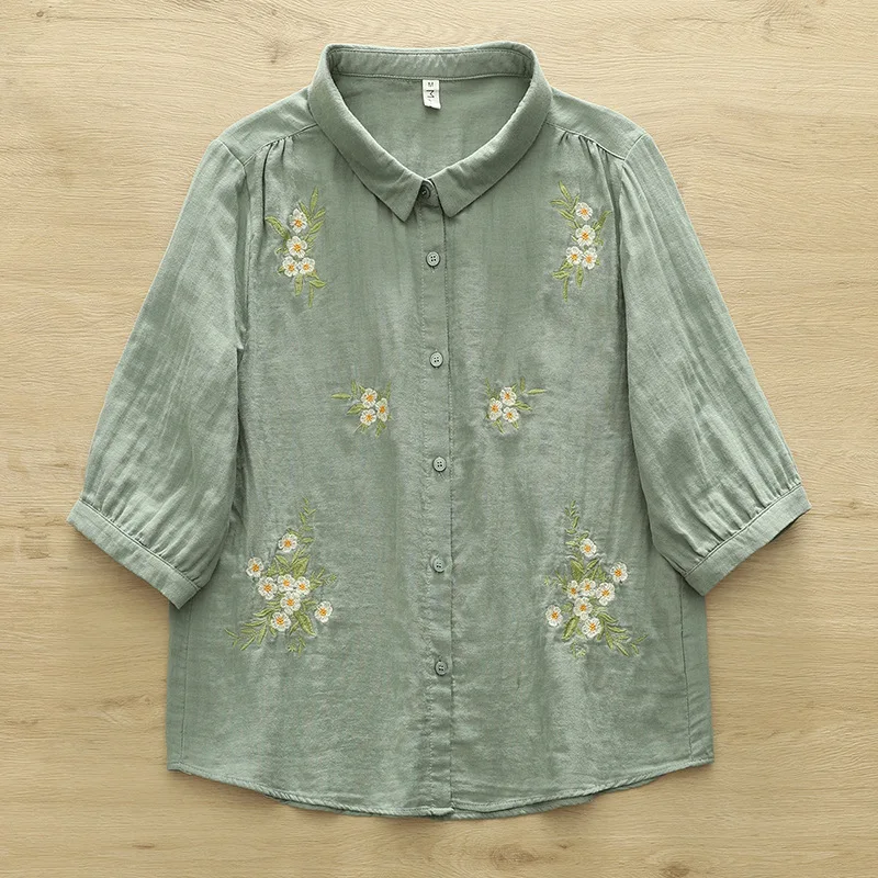 Japanse Zoete Mori Meisje Bloemen Borduren 100% Katoenen Shirts Vrouwen Zomer Turn Down Kraag Half Mouw Casual Losse Blouse Tops
