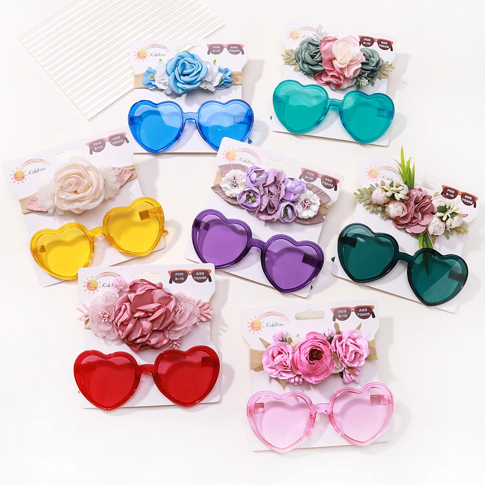 2Pcs/Set Headband Sunglasses Set for Kids Girls Vintage Artificial Flower Geometry Protective Glasses Headwear Hair Accessories