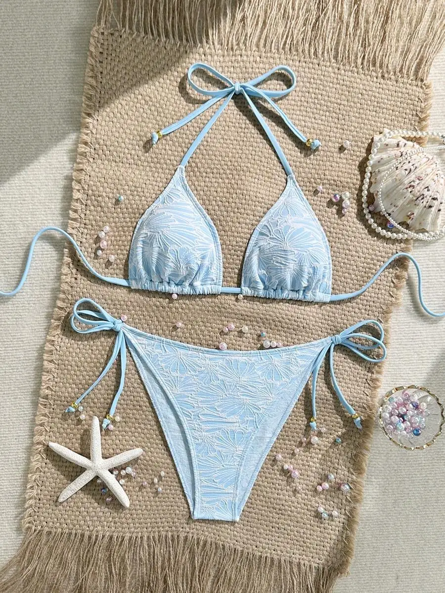 

Floral Texture Women Bikini Set Summer Beachwear Halter Tie Side Thong