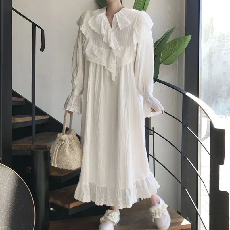 Vestidos De Mujer Heavy Industry Lace Doll Neck Ruffle White Folded Loose Flare Sleeve Dress  Long Shirt Birthday Summer