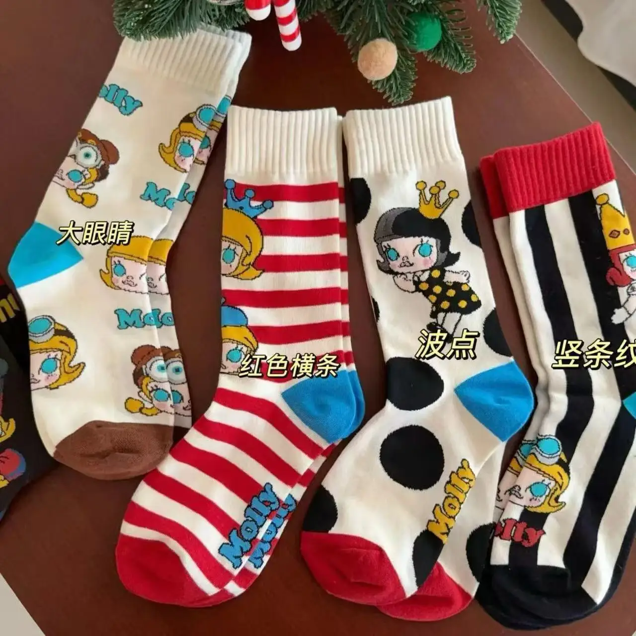 

4 пары женских носков «Hello Kitty», белые полосатые и носки в горошек Kawaii Lolita, милые забавные носки с героями мультфильмов аниме