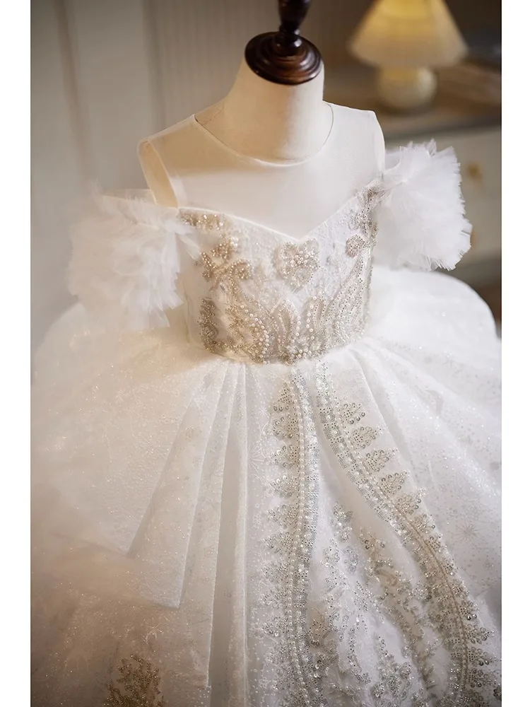 Children Xmas Party Princess Dress White Wedding Flower Off Shoulder Trailing Dress for Girls Lace Beading Show Luxury Ball Gown