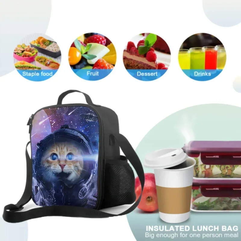 Cat Travel In Fantasy Galaxy Insulated Lunch Box Kitten Spaceman In Outer Space Tote Bag Food Container for Boys Girls School image 4