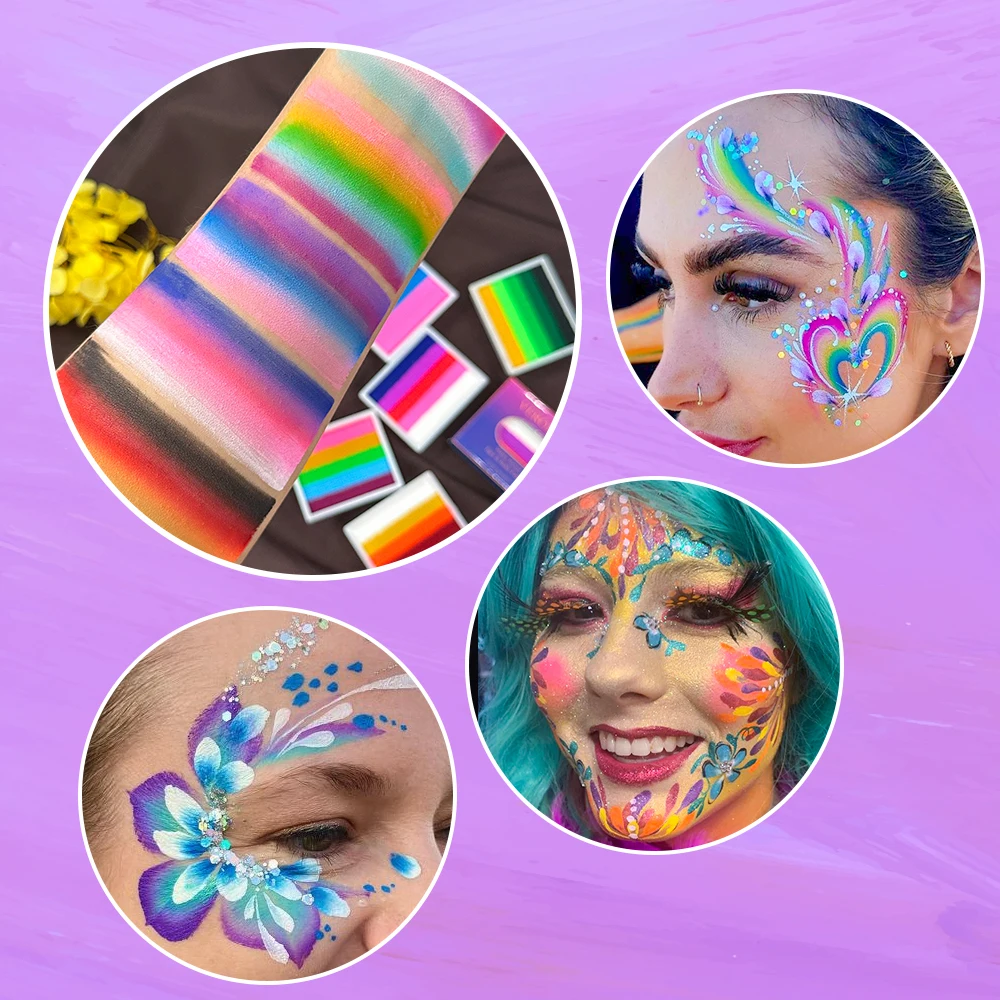 5-Color Rainbow Face & Body Paint - Water-Activated, UV Glow,Vibrant Stripes for Halloween, Christmas, Music Festivals & Parties