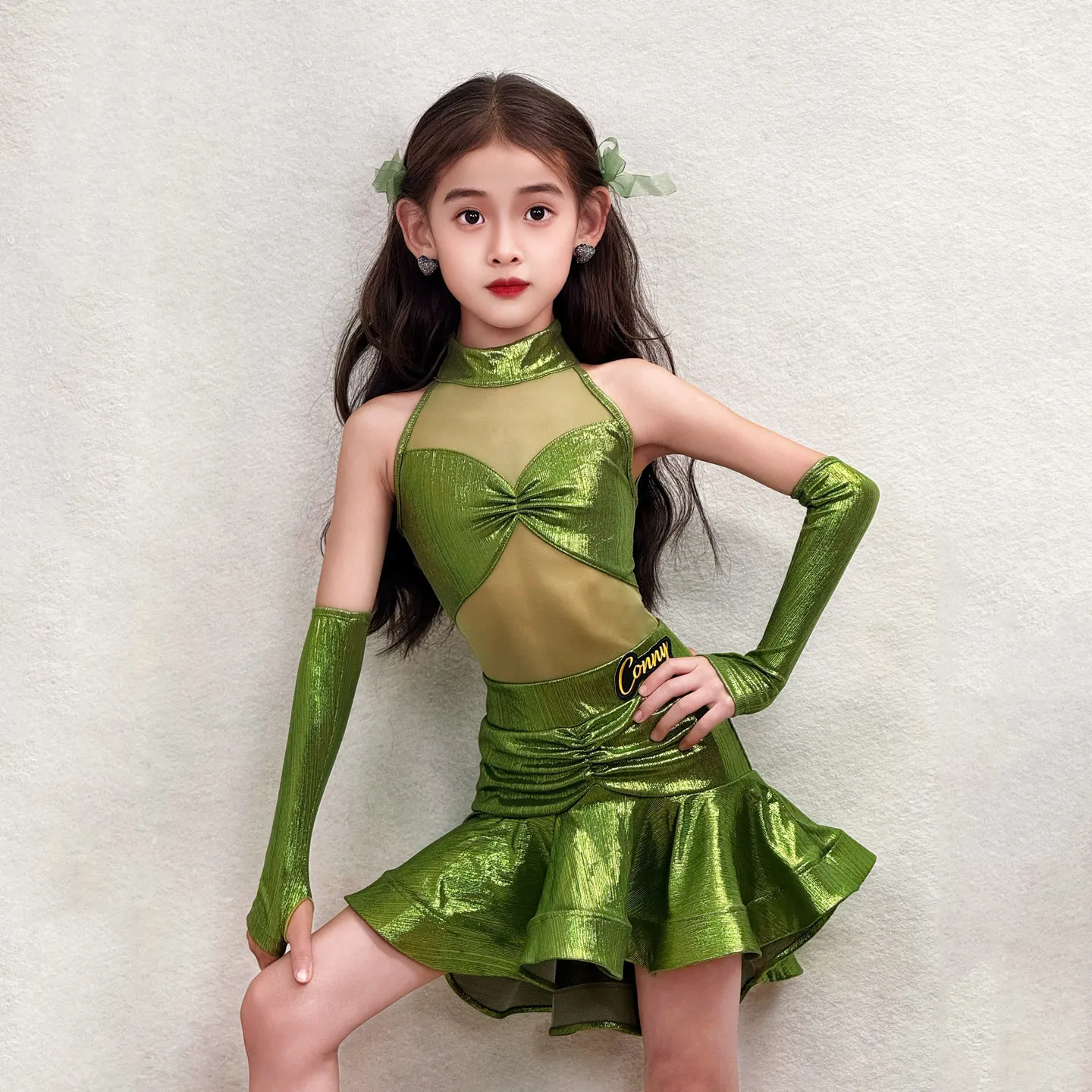 

Зеленое лазерное платье для латиноамериканских танцев, детское платье для латиноамериканских танцев по национальному стандарту, детский костюм для танцев чача, сальса, бальных танцев XS10911