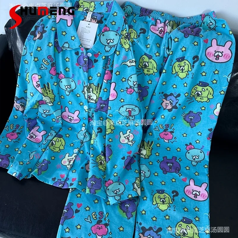 

Женский домашний комплект с мультяшным принтом, осенний, с длинными рукавами, в японском стиле, из чистого хлопка, свободный пижамный костюм, нижнее белье для сна