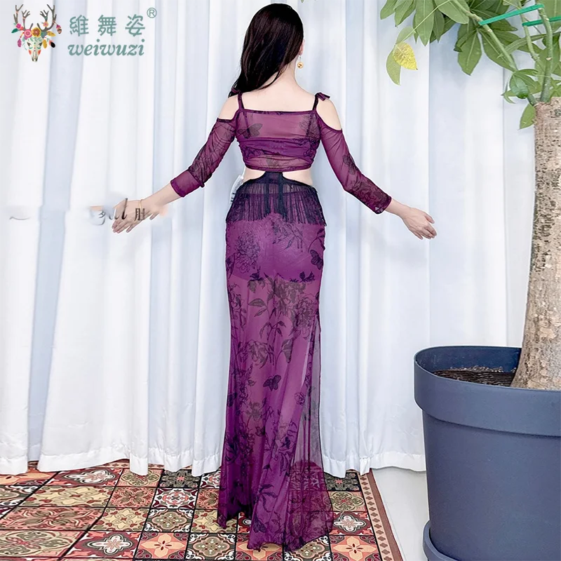 Elegancki strój do ćwiczeń tańca brzucha Czarno-fioletowo-czerwona sukienka z siateczką w talii i frędzlami Seksowne kostiumy do tańca orientalnego