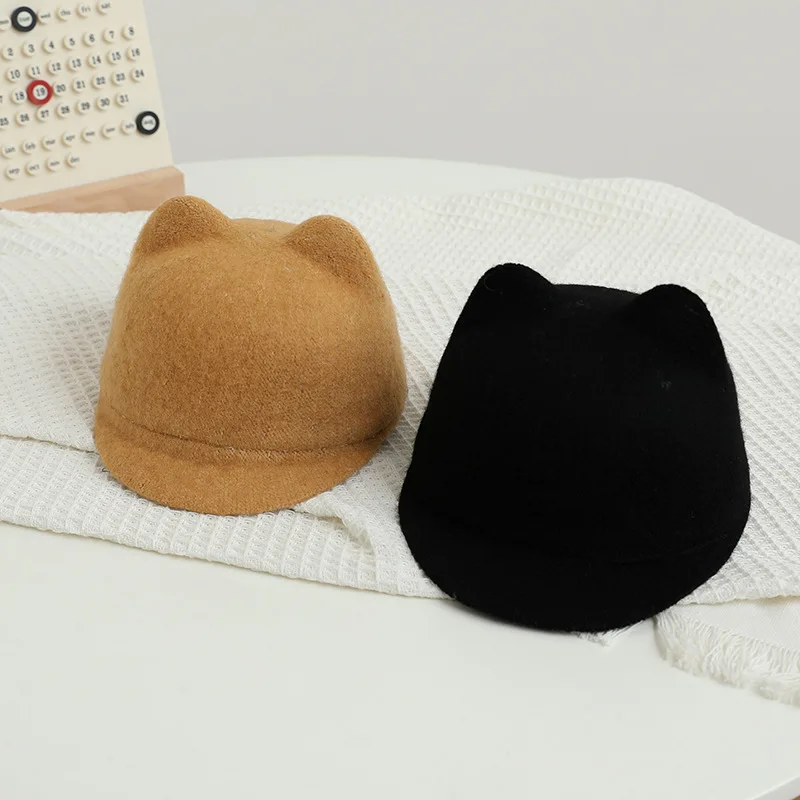 Winter Wool Felt Baby Hat Cute Cat Ears Toddler Boys Girls Equestrian Cap  Solid Color Warm Kids Duck Tongue Caps