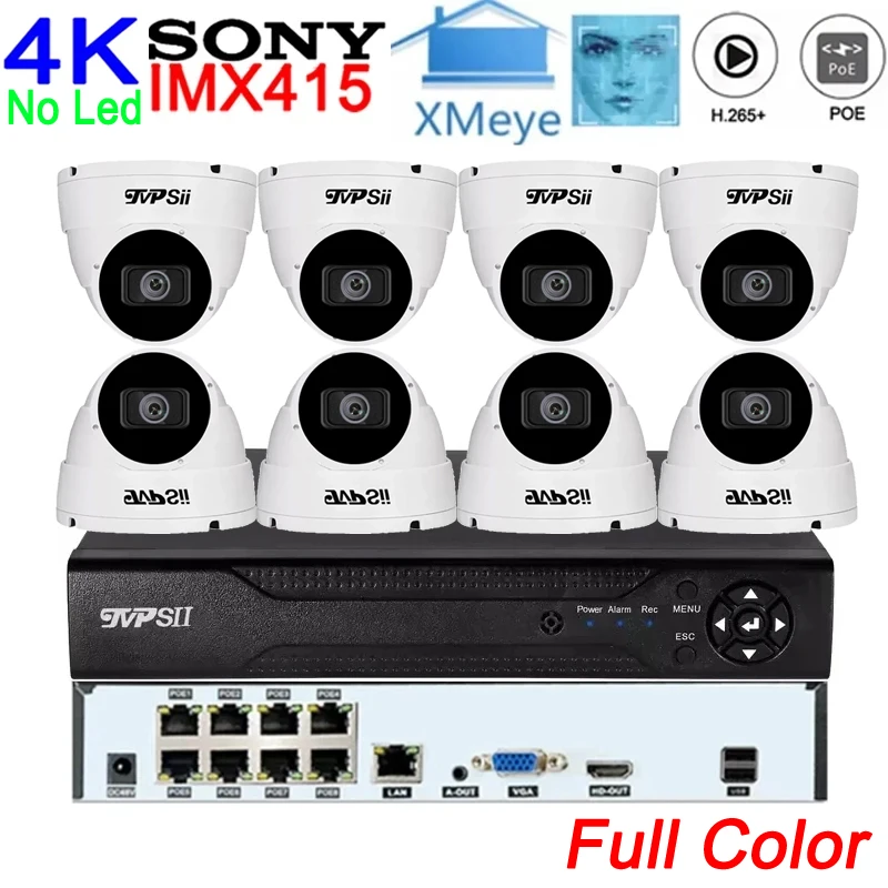 Nessun Led Full Color 4K 8MP Sony IMX415 H.265 + Metal Dome ONVIF Face Detection Audio 8CH POE IP CCTV Camera NVR DVR kit sistema