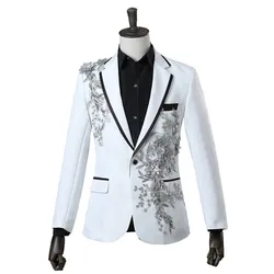 Men White Appliqued Blazer Masculino Chinese Red Costume Homme Pour Mariage Stage Wear