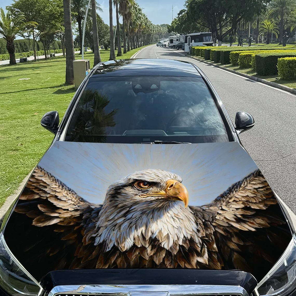 

Eagle design car hood wrap, featuring a majestic bald eagle with spread wings and intense gaze. Perfect for vehicle customizatio