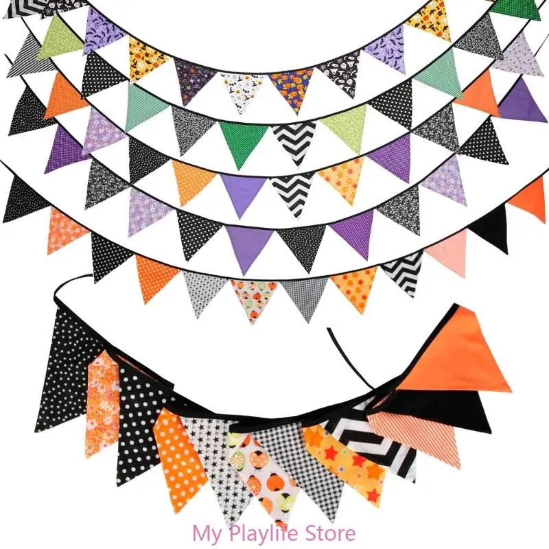 Banderines reutilizables Halloween y Acción Gracias, banderines tela algodón, banderines triangulares para
