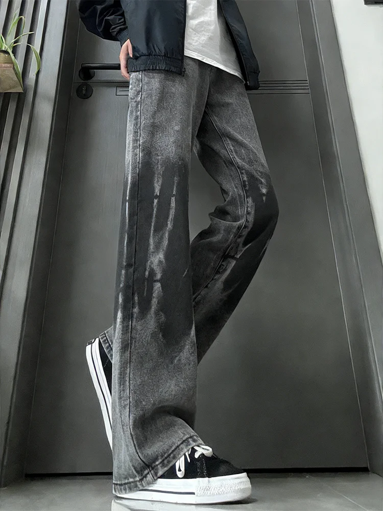 

American Tie Dye Trendy Men's Jeans High Street Loose Straight Leg Elastic Waed out Casual Cotton Denim Pants