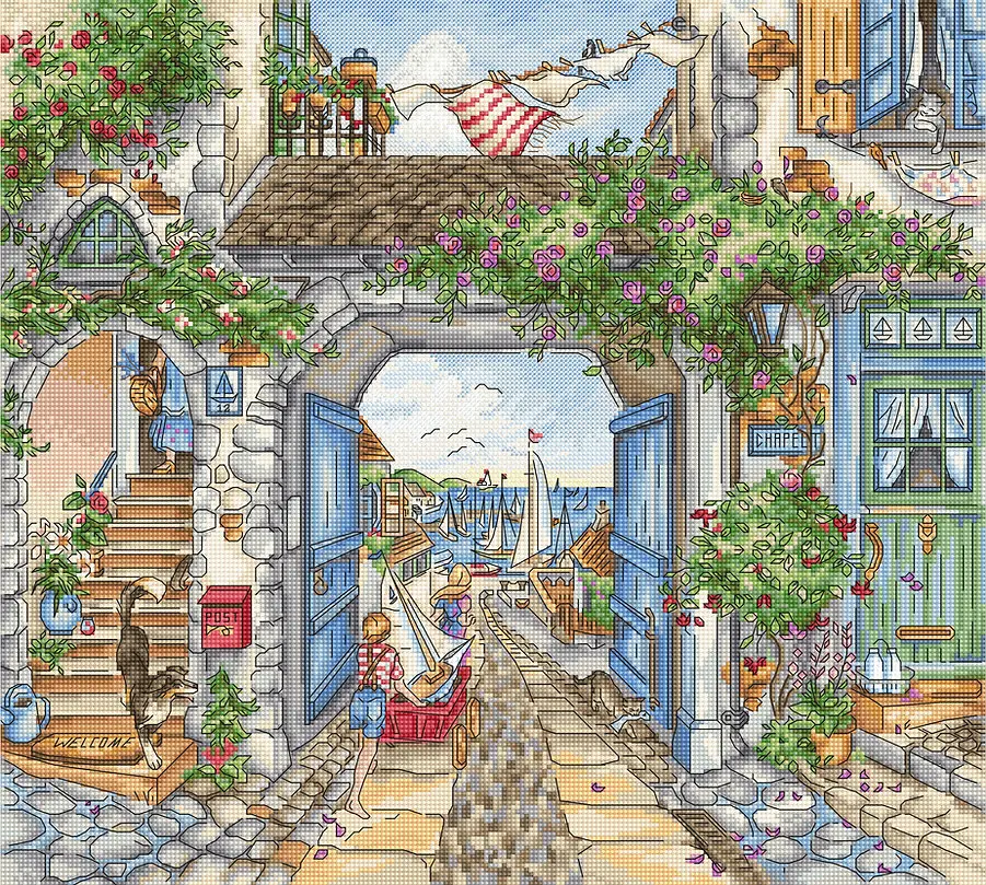 To The Harbor Town Path Scenery 18CT 16CT 14CT Unprinted Cross Stitch Kits Embroidery Art DIY Handmade Needlework Home Decor