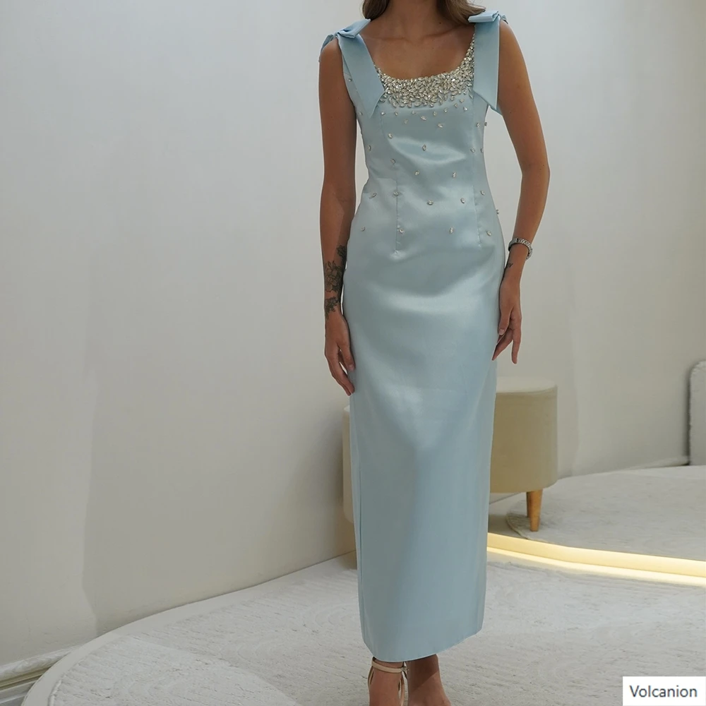 

Customized Straight Evening Dresses Ankle-legnth Square Collar Sleeveless Prom Gown Simple Fashion Crystal Exquisite Party Gown