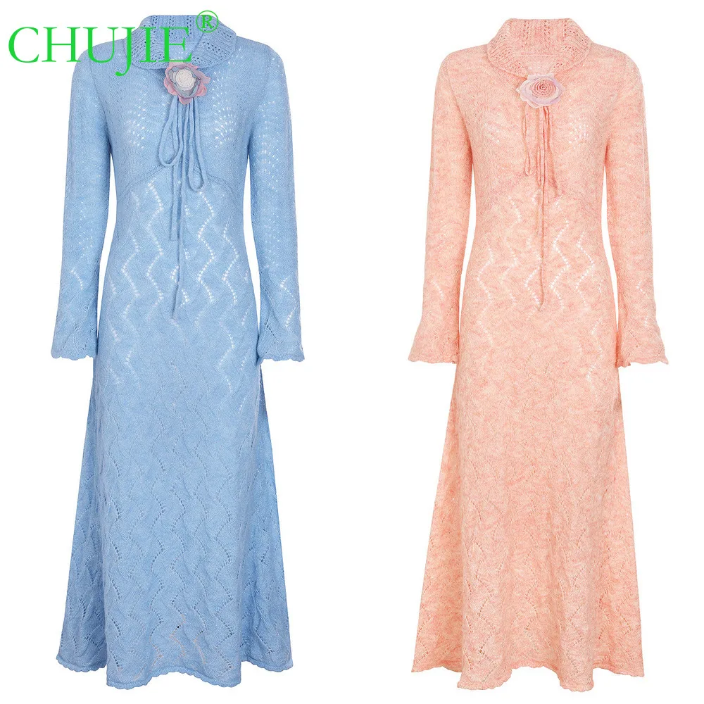 

CHUJIE High-Quality Spring/Autumn New Fashion Woolen Lapel Heavy Craft Three-Dimensional Flower Flared Long Sleeve Long Dress