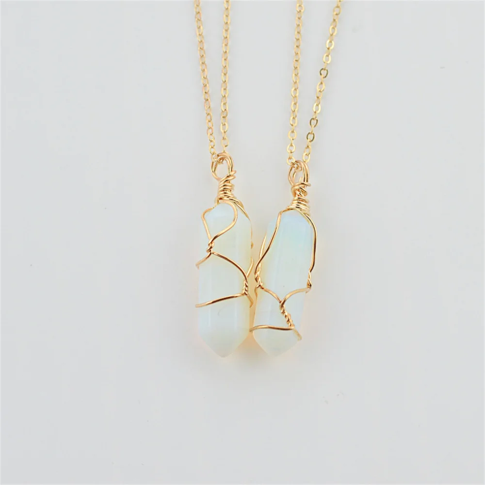 Hexagonal Column Quartz Necklaces Pendants Natural Stone Bullet Crystal Gold silver color Wire Wrapped Necklace Women Jewelry