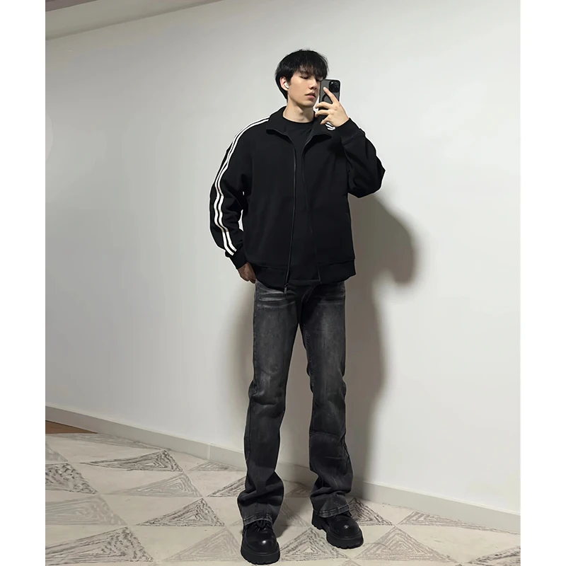 

aduated Bla Denim Jeans Men's Spring 2024 New High-End Feel Extended Straight Leg Jeans American Waed Micro Flared Pants