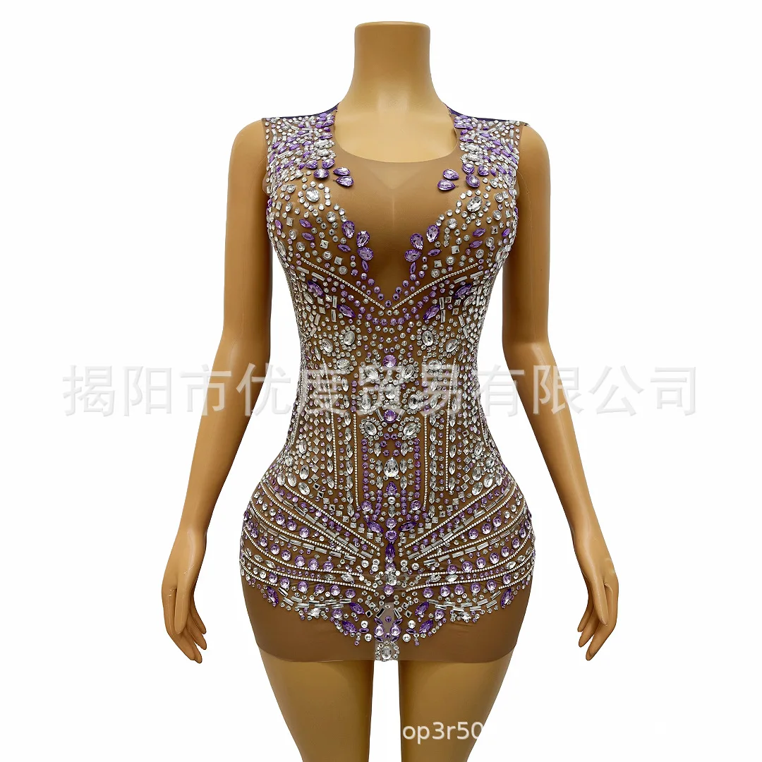 

Сверкающее перспективное сексуальное стильное темпераментное платье с бриллиантами, одежда для коктейльной вечеринки, одежда для выступлений, мини-юбка, белое снежное платье