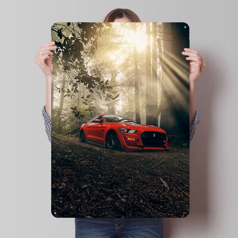 Red Mustang in Forest Sunlight Metal Poster Customized Wall Art Retro Vintage Tinplate Signs for Man Cave Bedroom Decoration