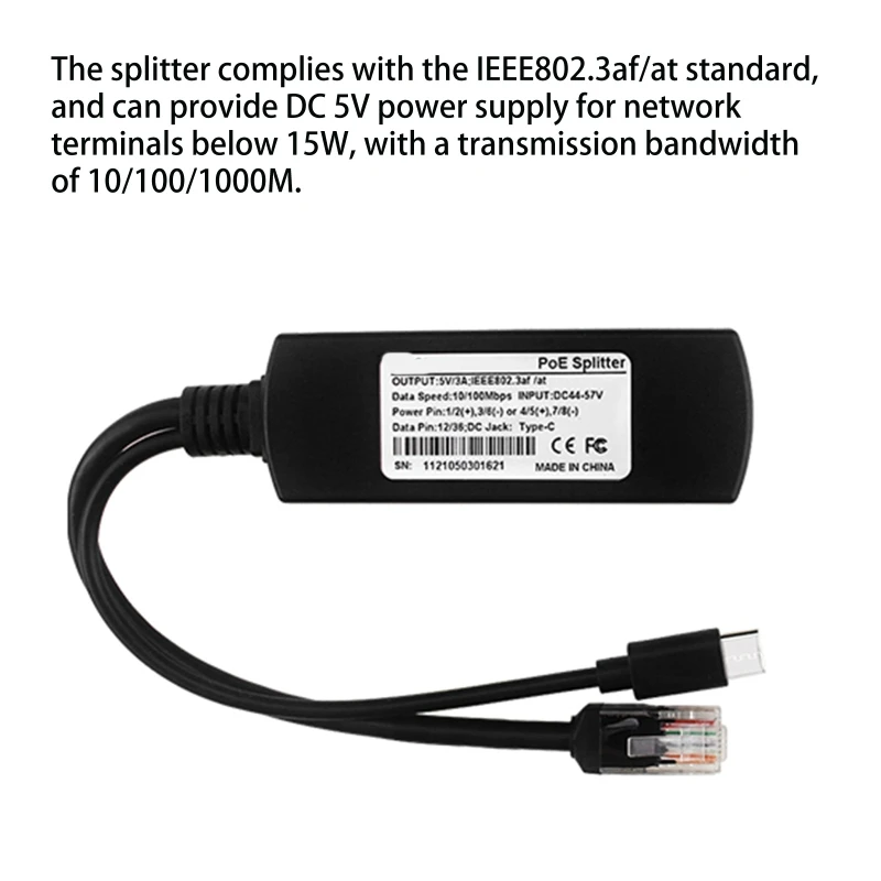 Type-C PoE Splitter 5V 3A IEEE 802.3af Standard 10/100/1000Mbps for