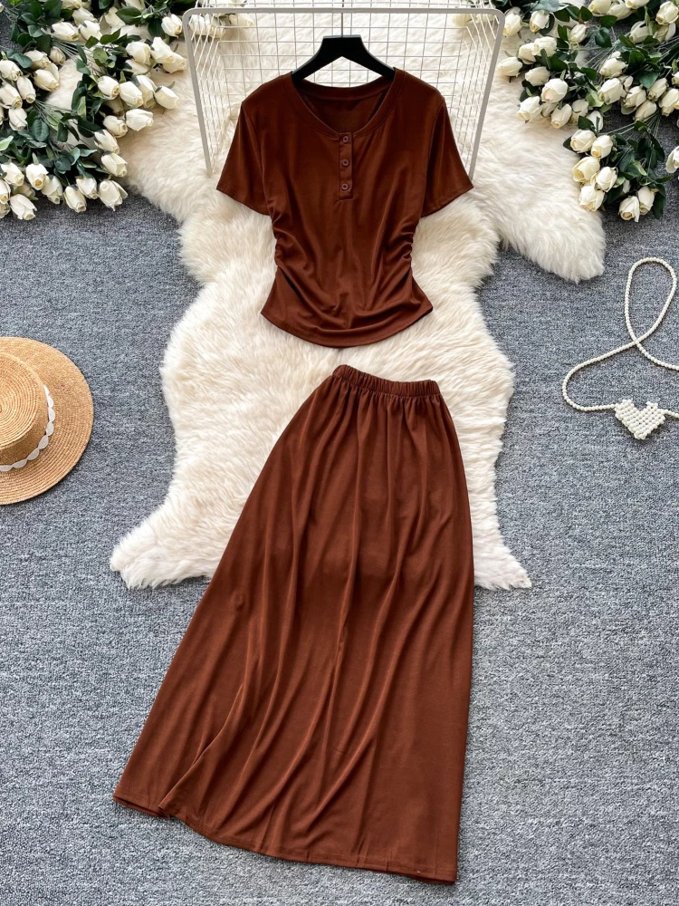 

Women's summer fashion casual two-piece set round neck button decoration slim fit short sleeved top high waisted skirt set