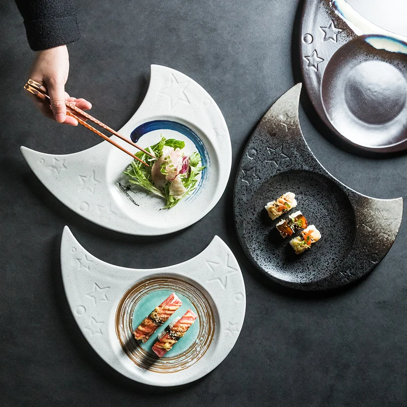 

Modern Ceramic Plate Crescent Decoration Afternoon Tea Snack Plates Star Relief Restaurant Sashimi Sushi Dish Kitchen Cutlery