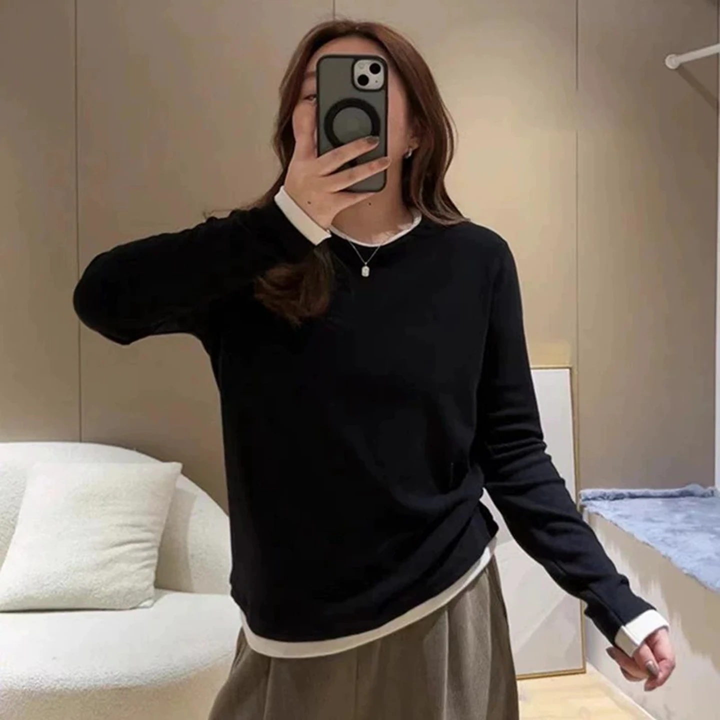 plus Size Color Block Long Sleeve Women's Base Shirt Autumn 2026 New Style Slimming Loose Inner Wear T-Shirt Top