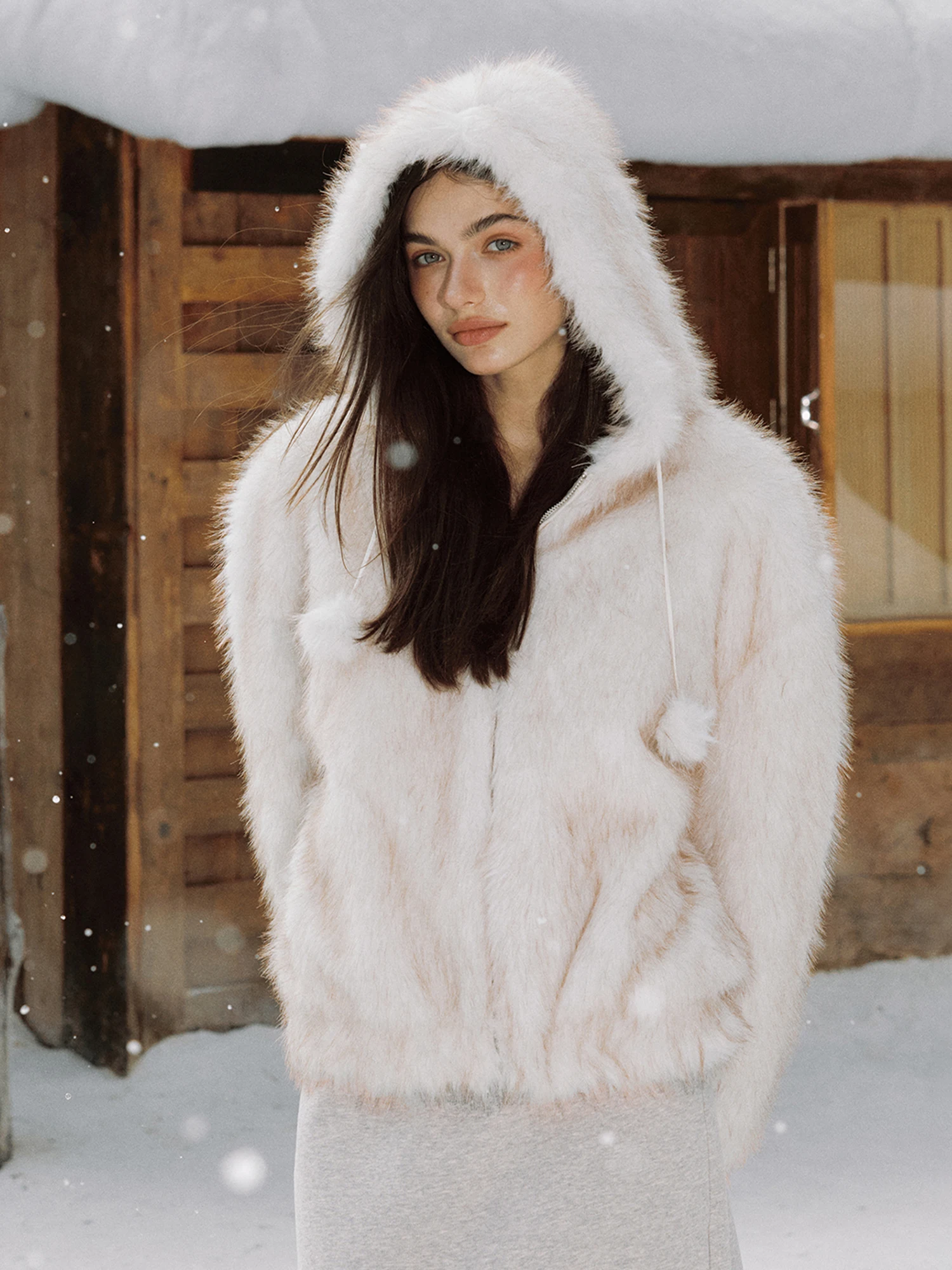 

Yescci Luxury Fur Coat Women's Hooded Warm Top for Autumn Winter New Sle Rich Girl Long Sve ort Length Zipper Closure