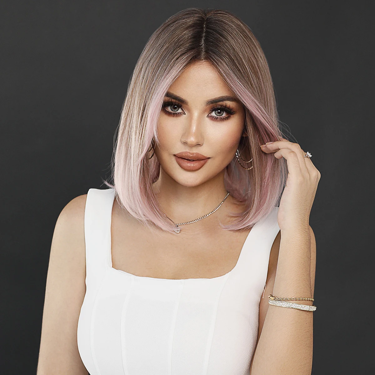 Perruque Synthétique Courte et Lisse avec Racines Foncées, Lace Front Wig Transparente HD, Lace T Part, Bob, Rose, Brun, Haute Densité