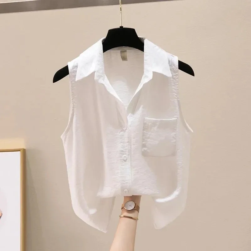 Sleeveless Solid Casual Polo-Neck Single Breasted Vest Loose Women's Blouse Shirt Korean Fashion Female Clothing Tops 2025