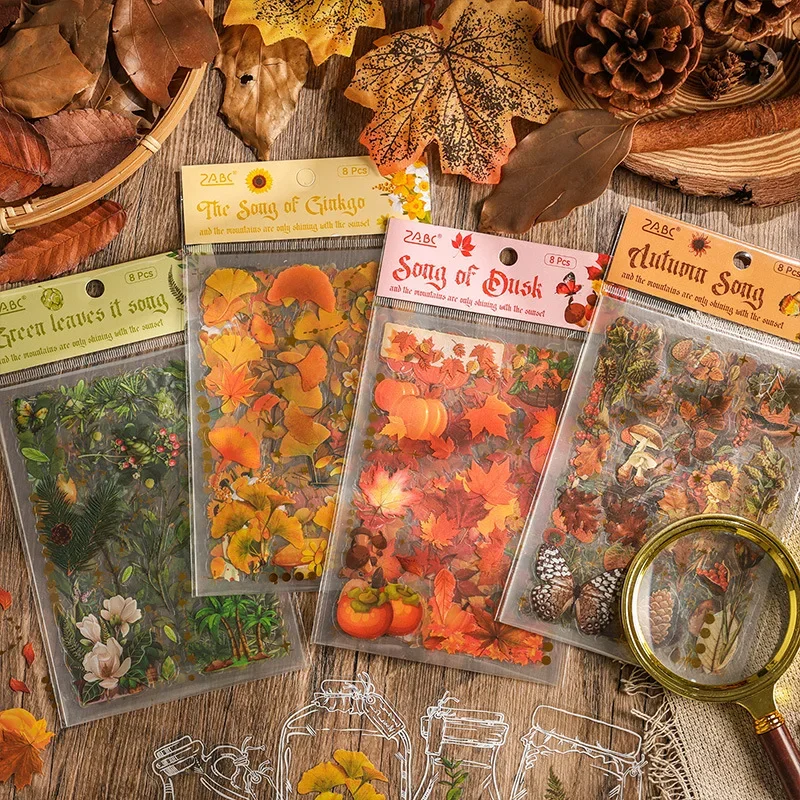 8Pcs Vintage Autumn Forest Theme Waterproof PET Hand Tent Sticker Bag Diy Material Paper Stickers Junk Journal Supplies Decor