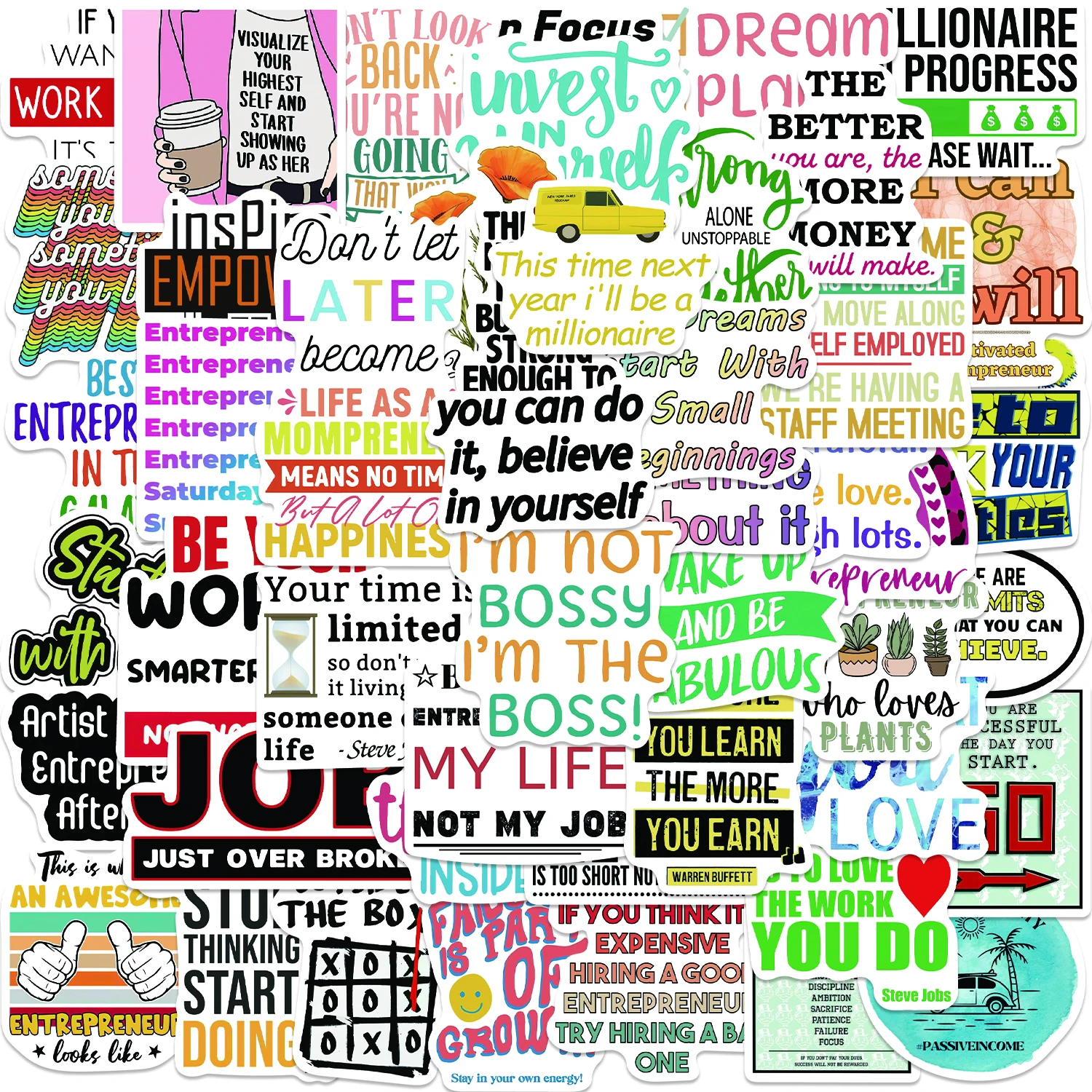 

50pcs Entrepreneur Quotes Stickers Pack Positive Decals For Water Bottle Laptop Phone Skateboard Helmet Gifts for Teens Kids
