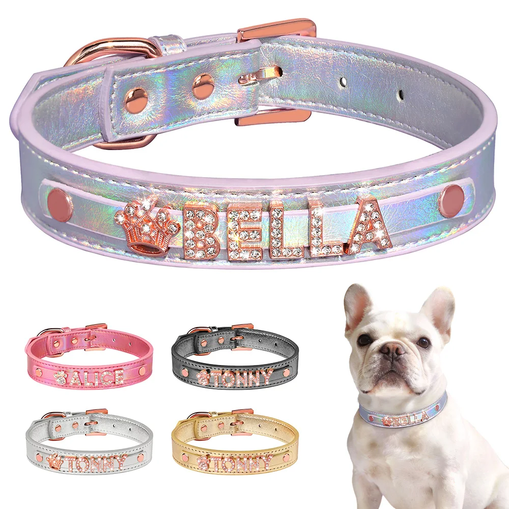 Collier personnalisé pour chien en cuir PU, collier pour chaton et chiot, strass brillants, breloques avec nom gratuit, couronne pour chiens de petite et moyenne taille, bouledogue, pug