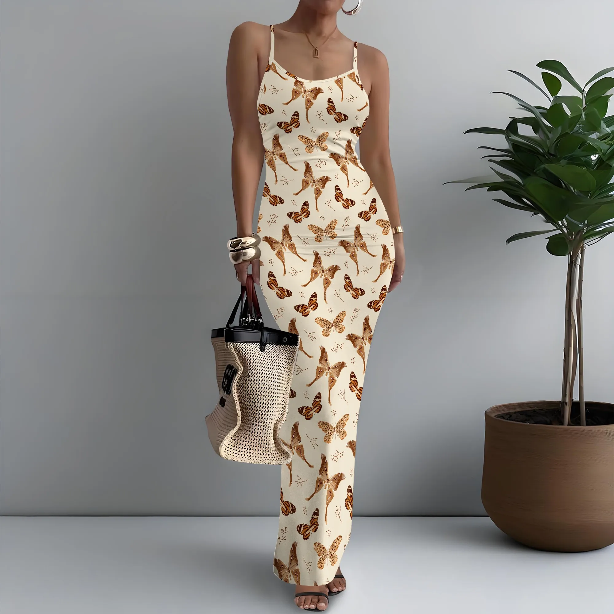 

Women's Spaghetti Strap Maxi Dress Fairycore Butterfly Print Tight XS-3XL