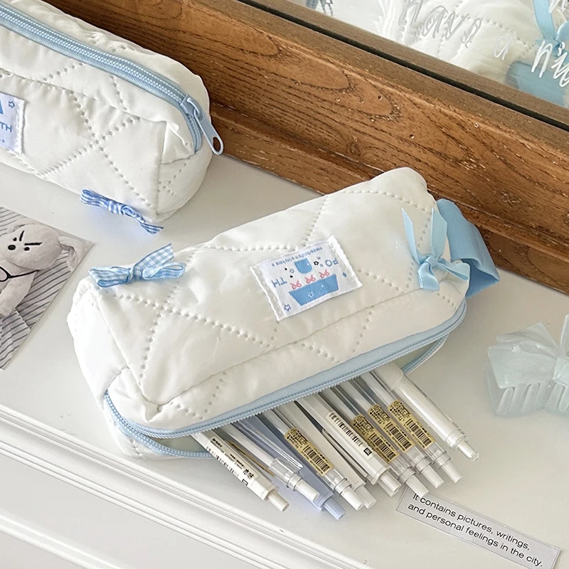 Bow Cosmetic Bag Handbag Zipper Office Cute Student Pen Bag French Style Multifunctional High Capacity