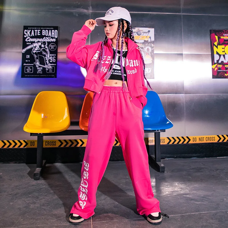 Kid Hip Hop Clothing Pink Short Zip Up Jacket Top Casual Street Sport Sweat Pants for Girl Jazz Dance Fancy Costume Outfit Set