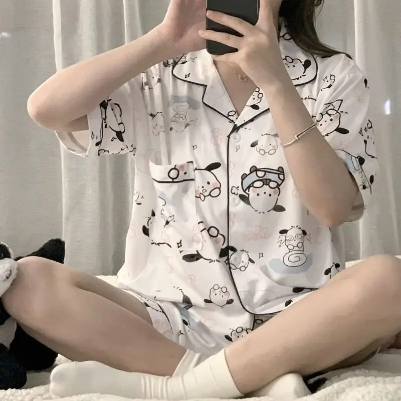 

Комплект пижам Sanrio Hello Kitty, шорты с короткими рукавами, хлопковые женские шорты для дома и отдыха, милые летние новинки, Pochacco, японский мультфильм, Kawaii