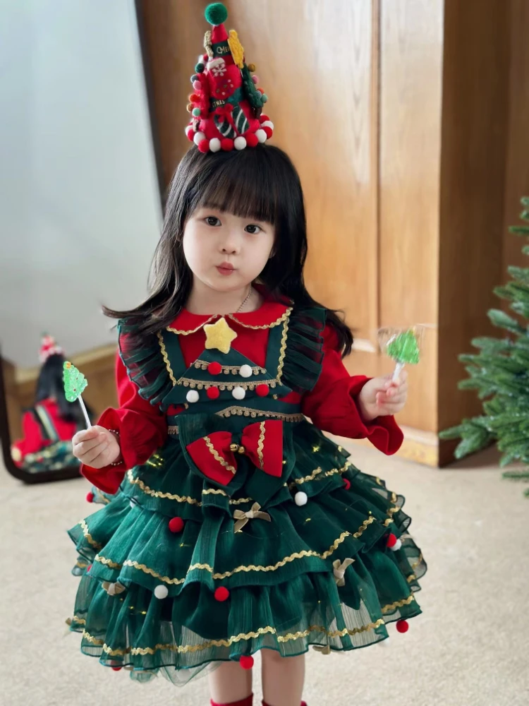 Winter New Girls\' Shining Christmas Tree Dress Cake Skirt Sparkling Lorita Pomped Princess Dress Party Dress for Kids Girl