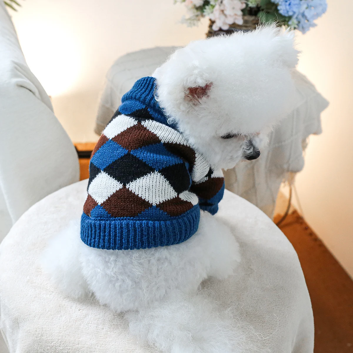 1PC pet clothing blue coffee diamond grid sweater pullover knitted sweater suitable for small and medium-sized dogs